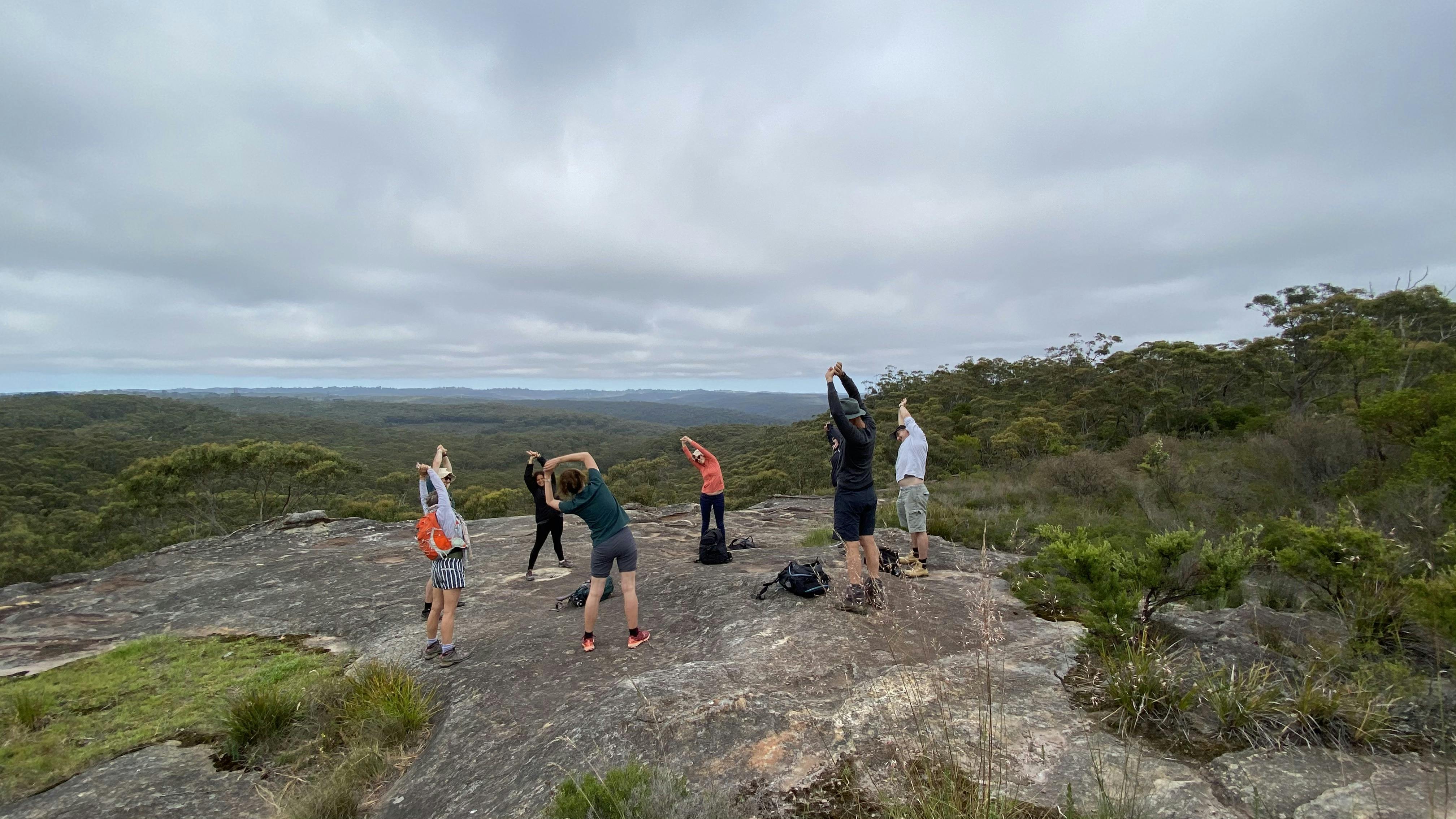 Morning stretch before starting the walk at Lawson, Blue Mountains