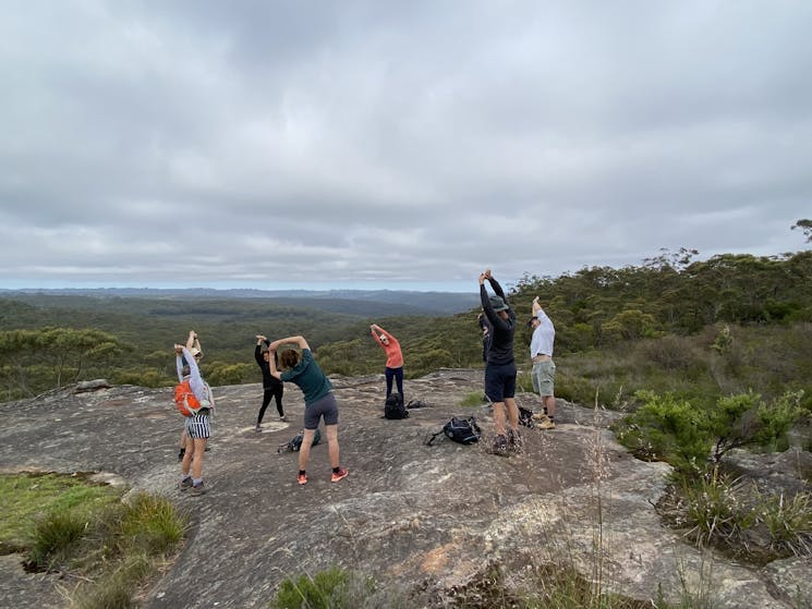 Morning stretch before starting the walk at Lawson, Blue Mountains