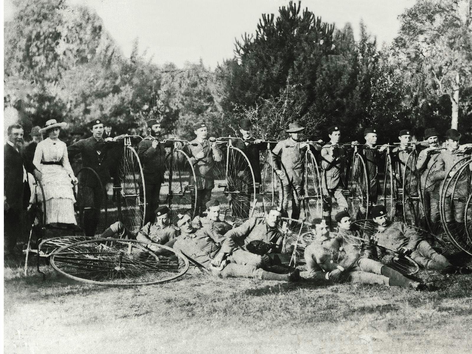 Members of the Ballarat Cycle Club pose in the Ballarat Botanical Gardens in 1883