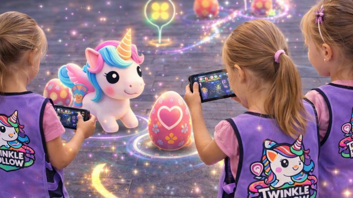 Three girls in Twinkle Hollow vests discover an AR unicorn and glowing egg on the ground ahead.