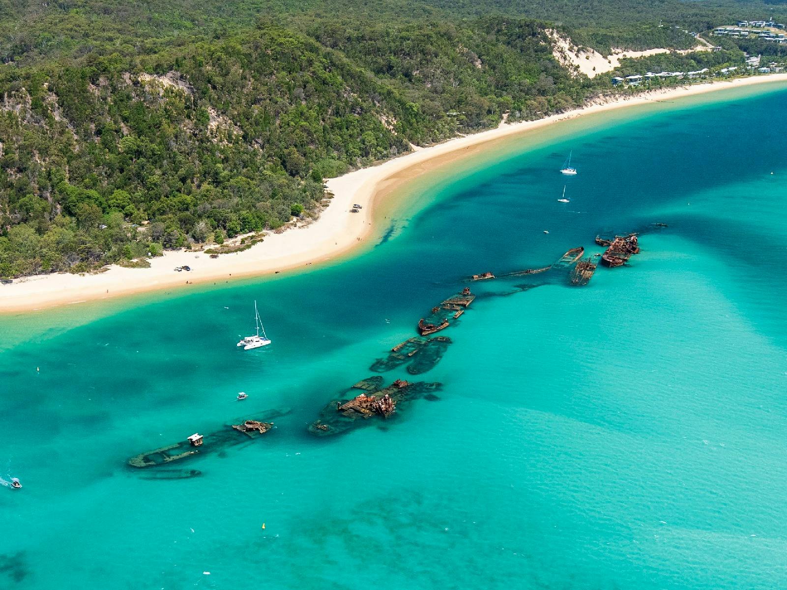 Aerial shot of The Tangalooma Wrecks