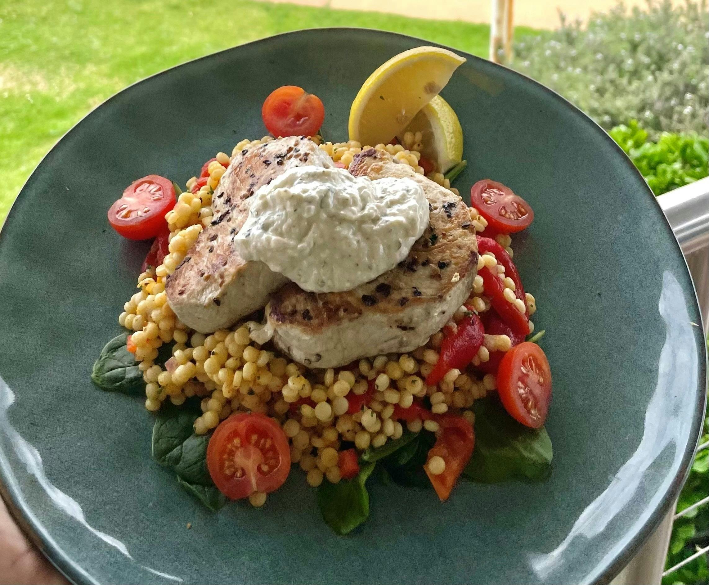 Swordfish with Pearl Cous Cous Salad