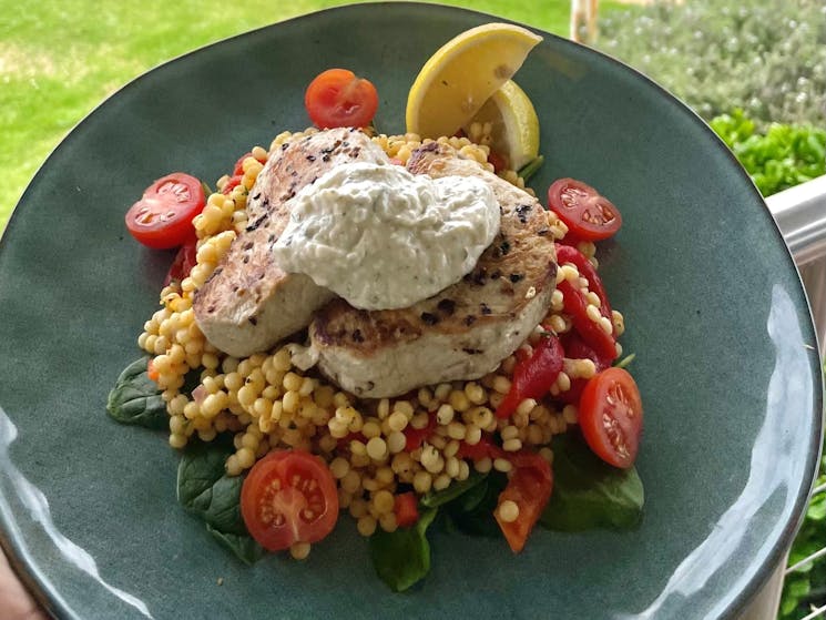Swordfish with Pearl Cous Cous Salad