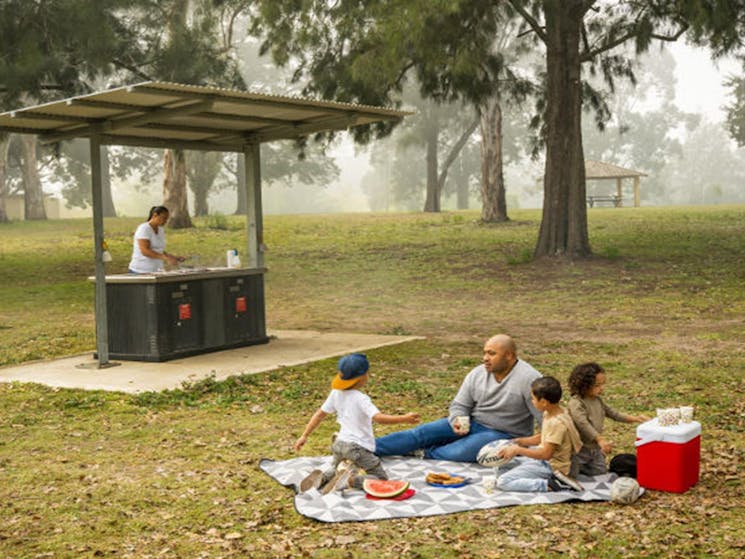 A man and his children sit on a picnic blanket while a woman cooks lunch on the barbecue, at Cattai