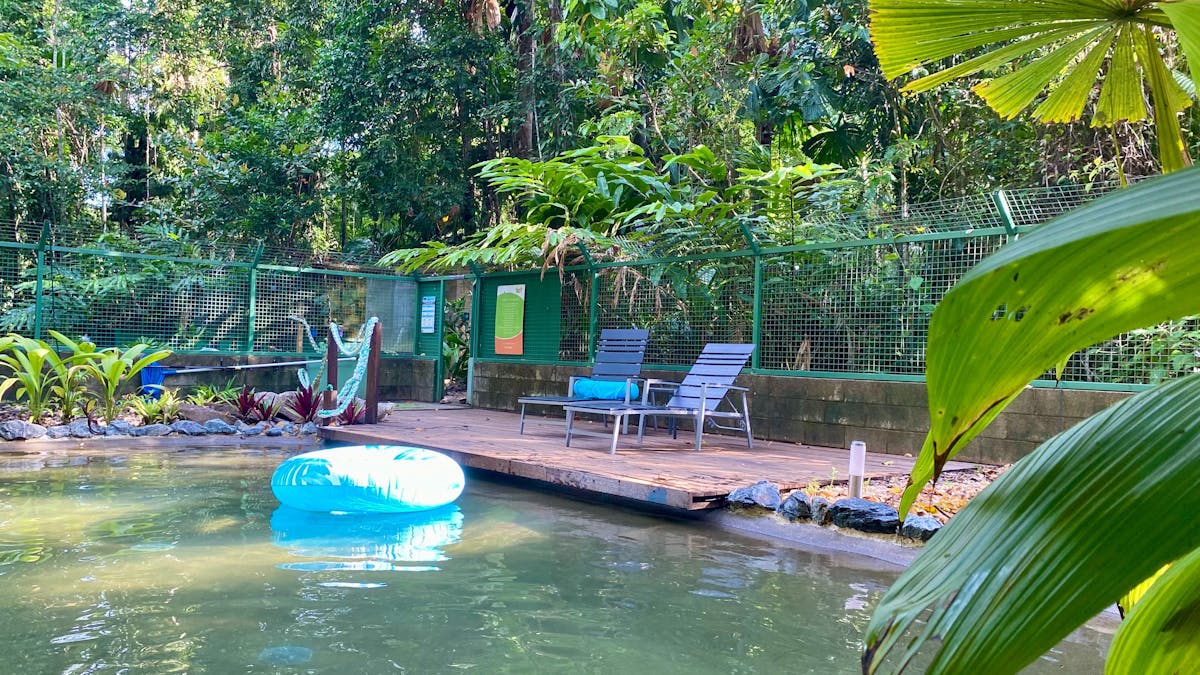 Swimming Pool with deck seating and float ring and green foliage