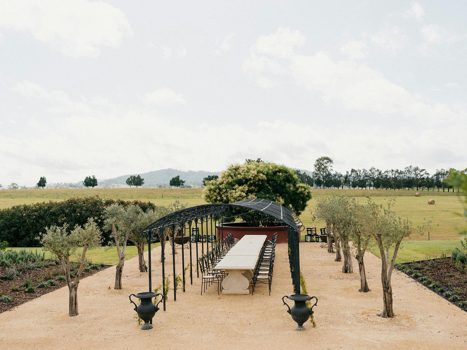 olive trees, pizza oven, large fire pits, outdoor dining area