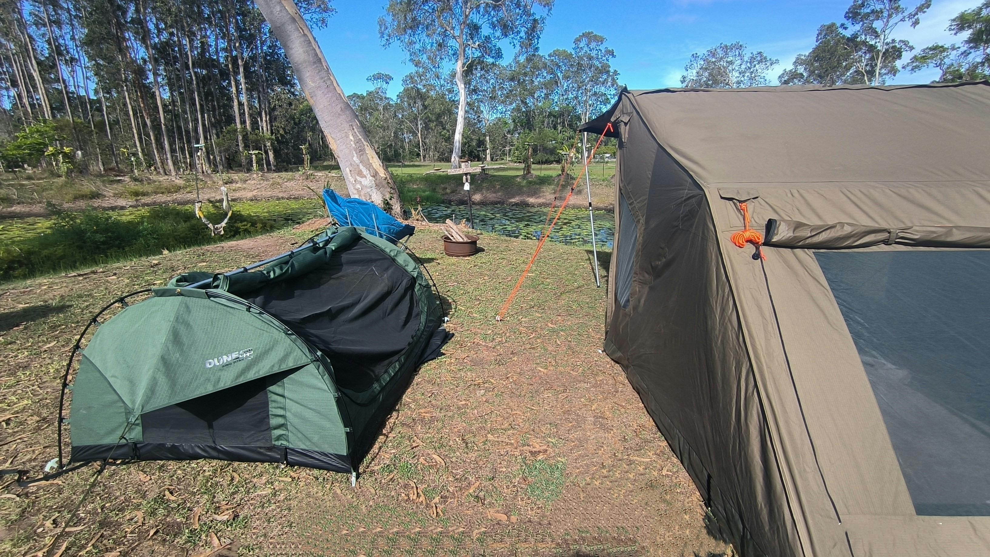 swag beside a safari tent, great way to sleep extra people at a camp