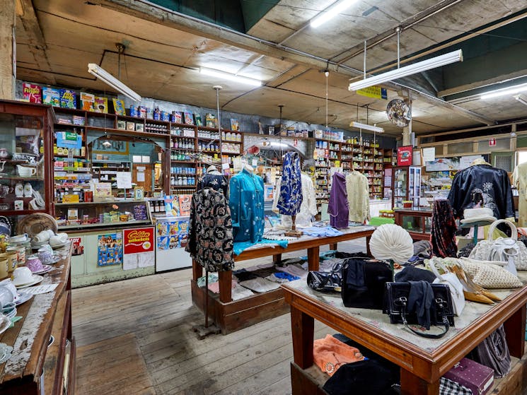 Interior photo of old wares, counter and empty produce cans on shelving behind counter