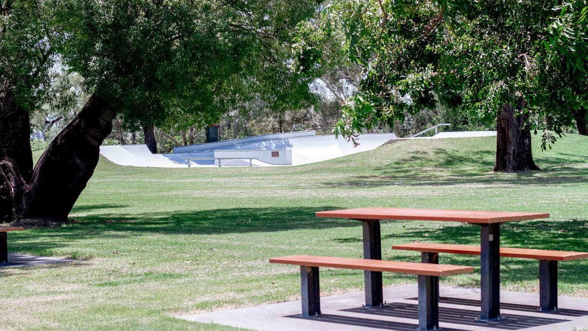 Inglewood Skate Park with a picnic bench in the foreground