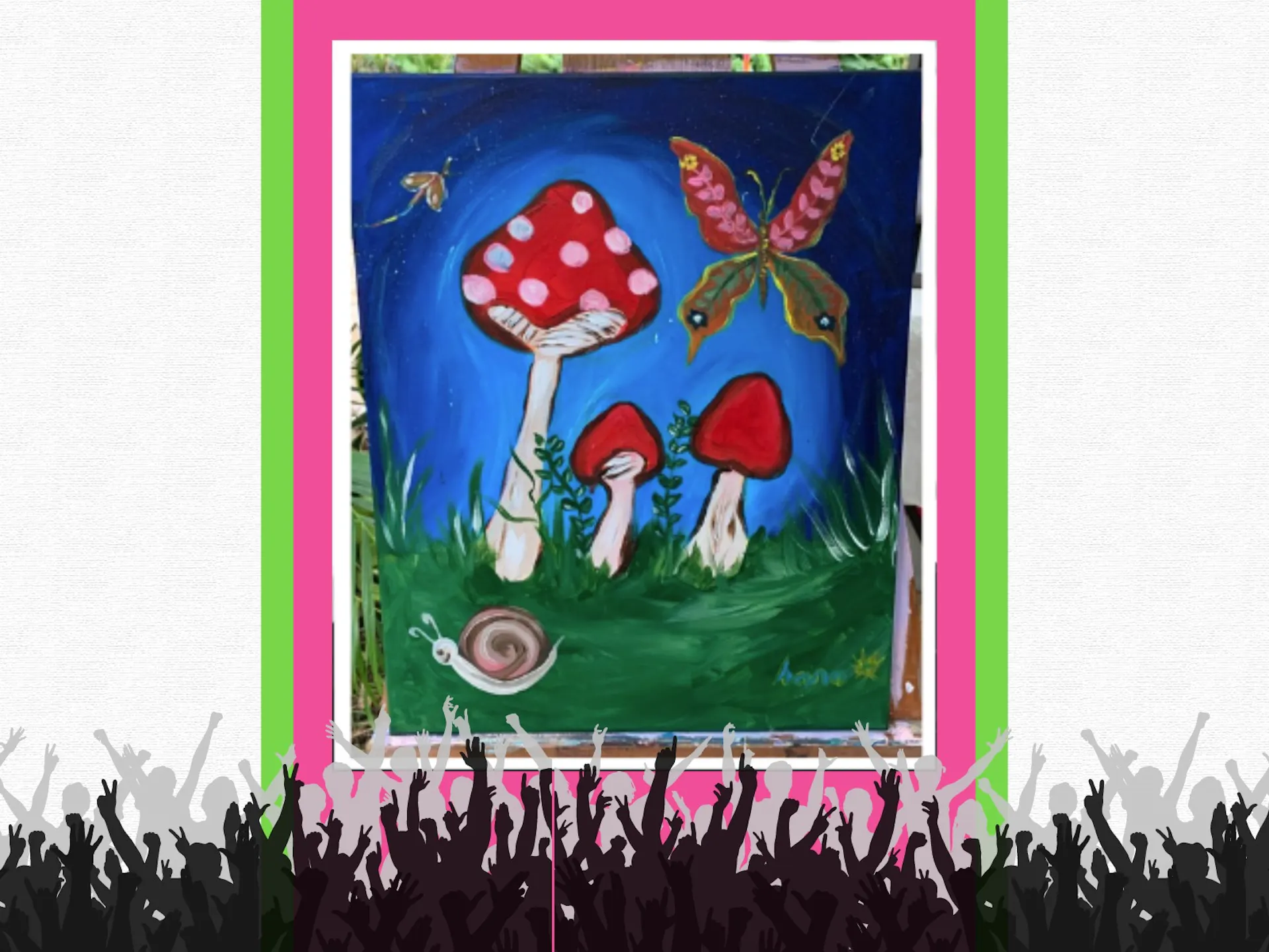 A photo of the artwork for October's session. It features a classic toadstool and a snail