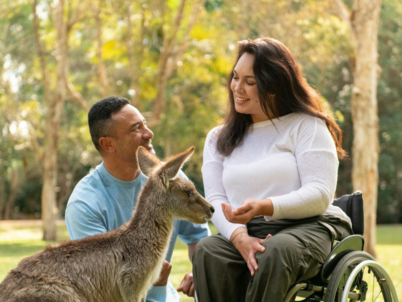 Couple feeding kangaroo
