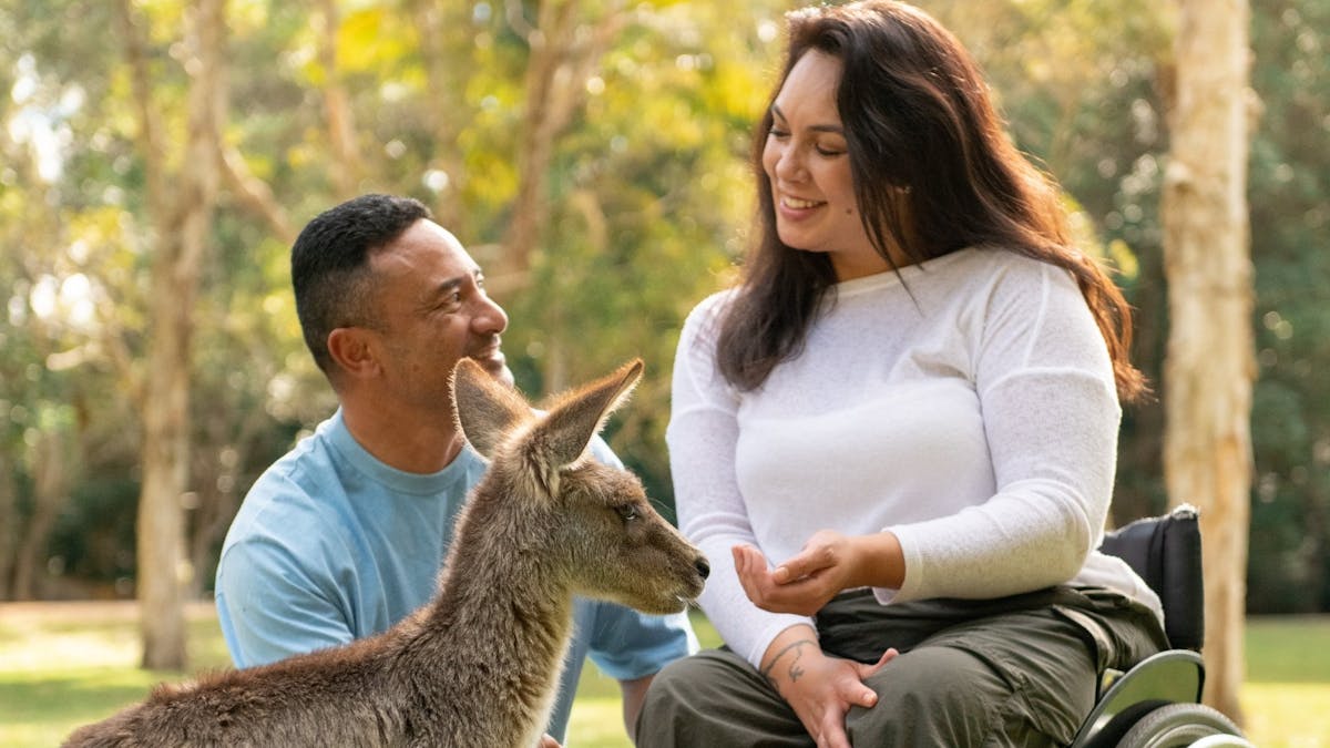 Couple feeding kangaroo