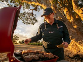 Coonawarra Experiences host grilling meat outdoors under a large tree at sunset.