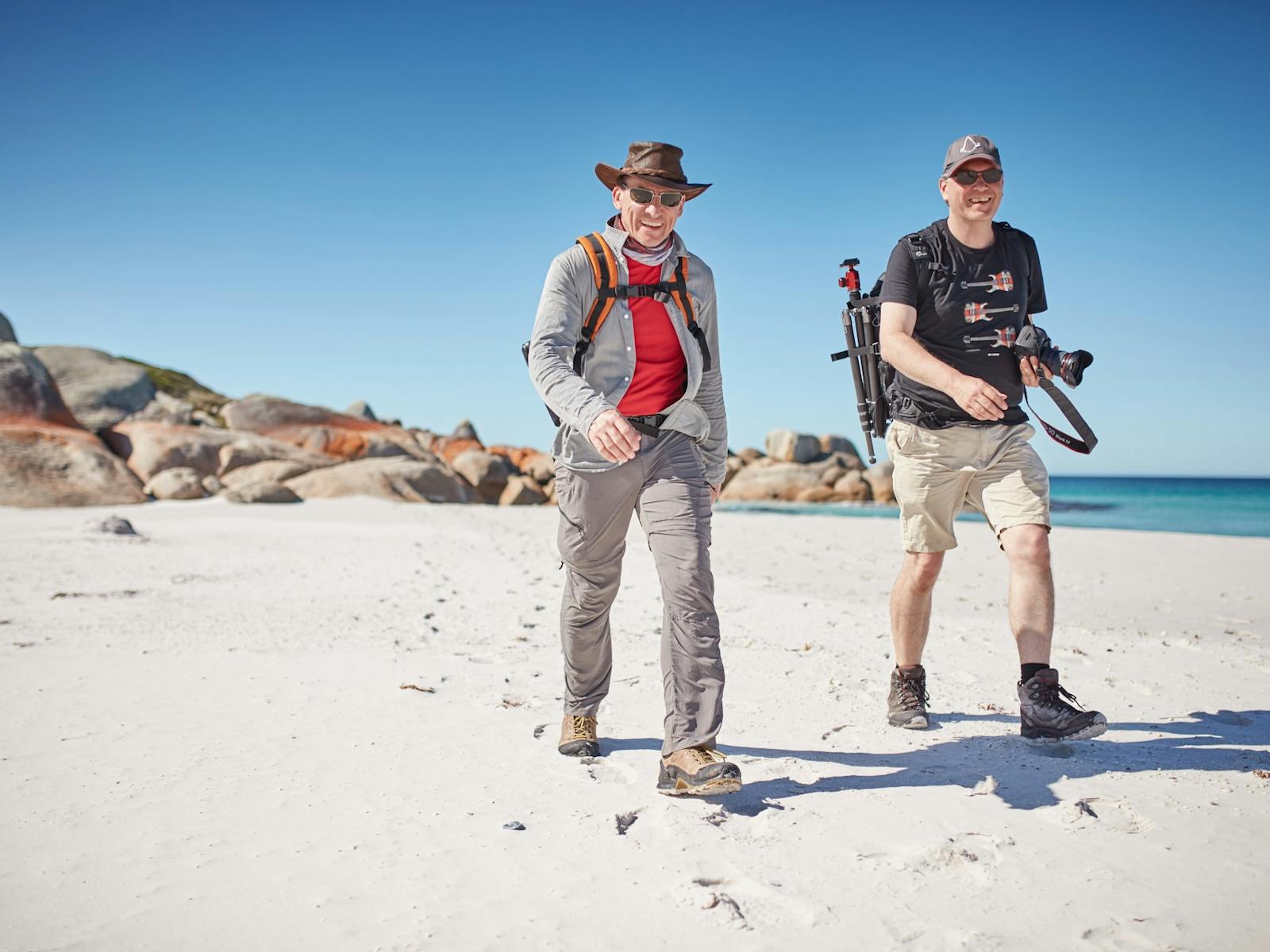 Tour Guide and Guest Beach Walking Smiles Park Trek Walking Holidays Bay of Fires Hiking Tour