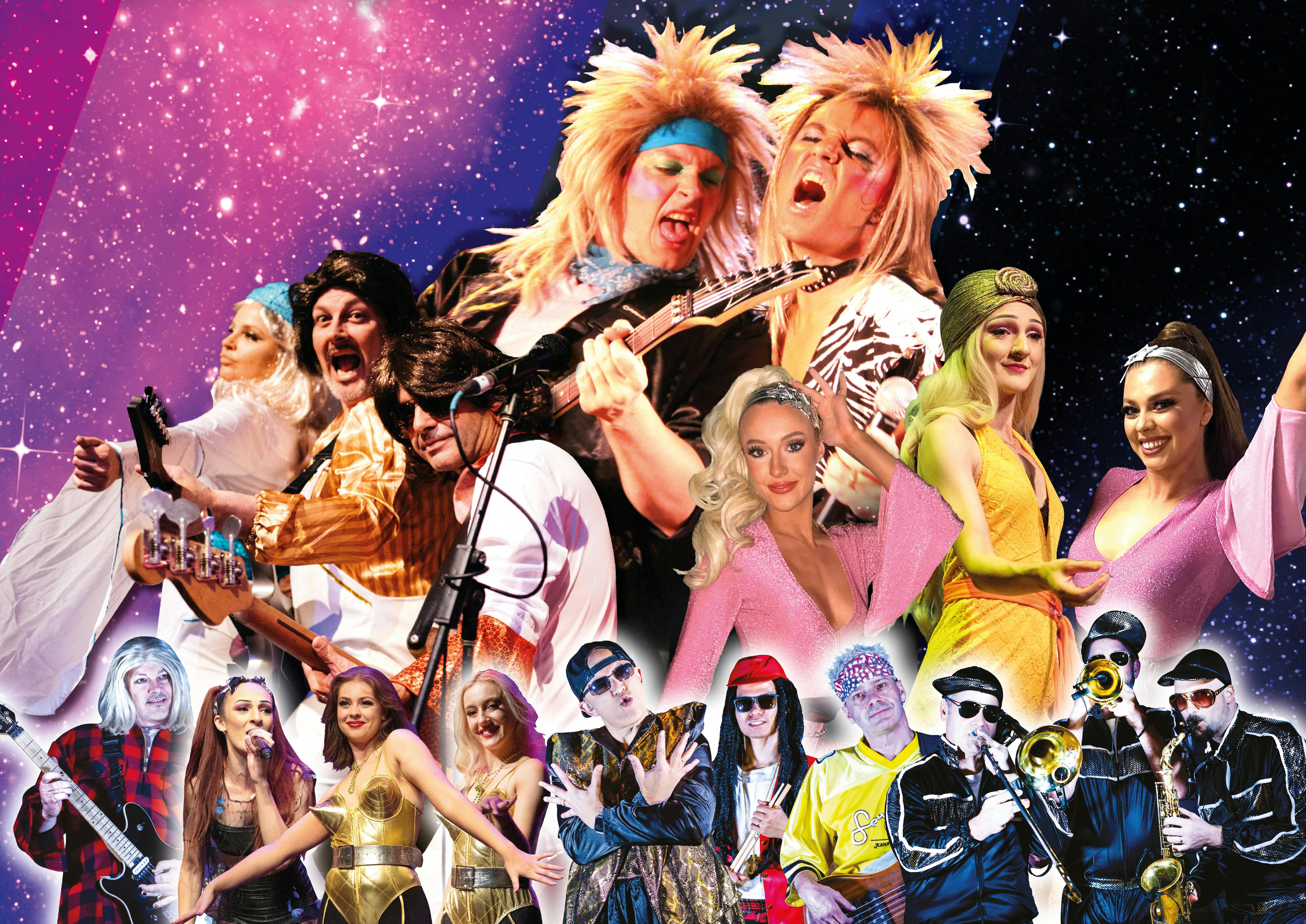 Performers from The 70s80s90s Show posing in costume in front of sparkly pink background.