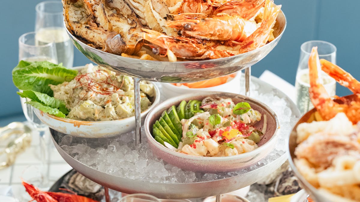 a three-tiered seafood tower brunch