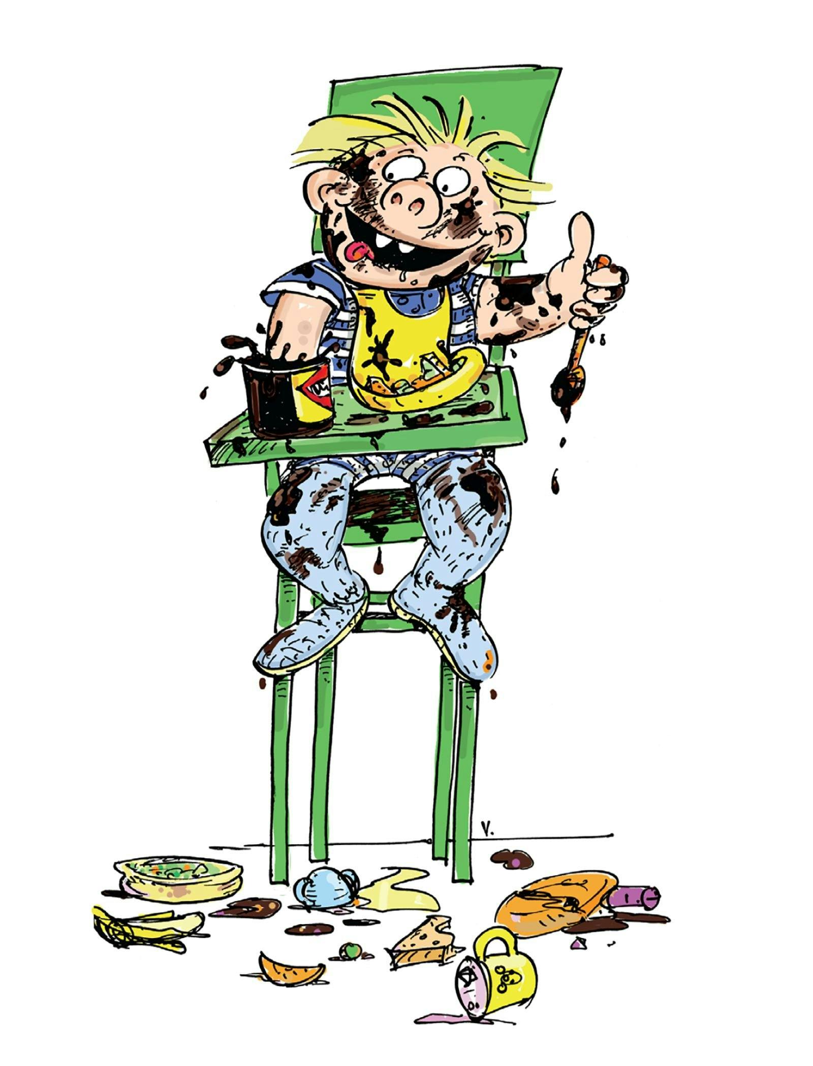 an illustration of a child in a high chair covered in vegemite