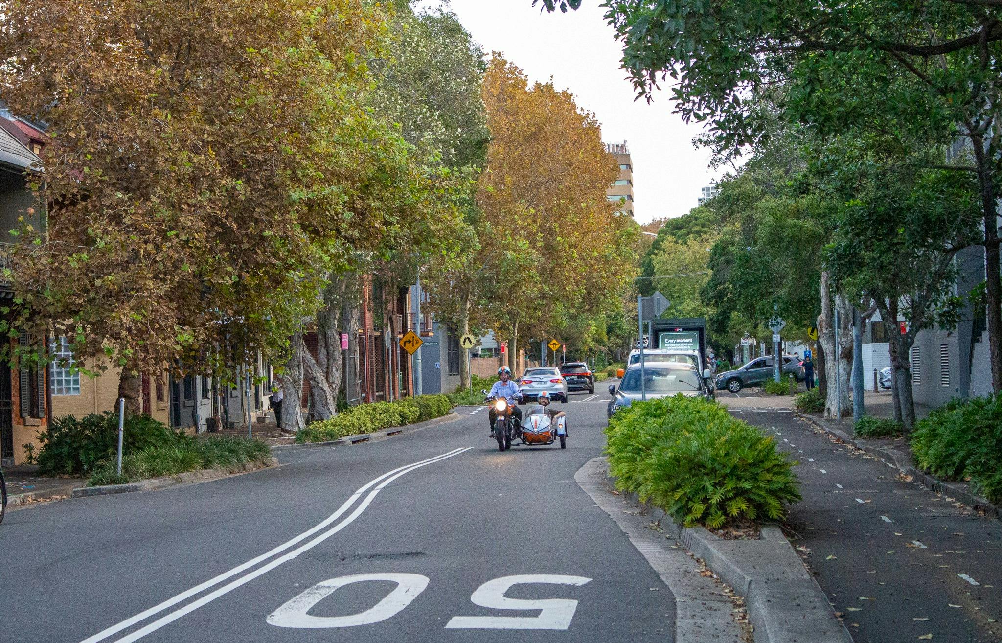 A Motorcycle and sidecar driving down a leafy street