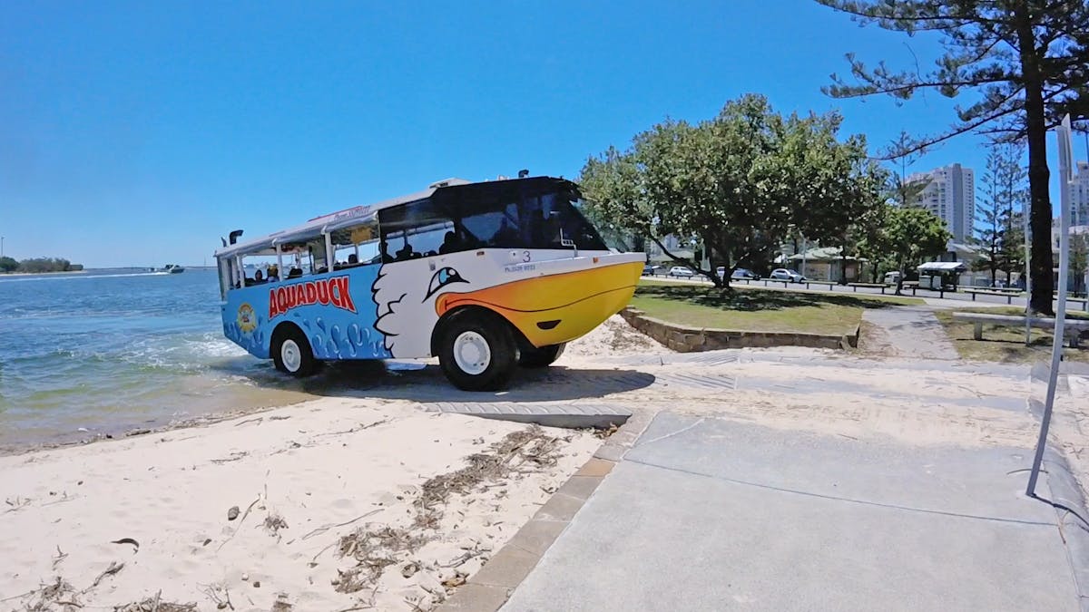 Aquaduck goes form water to land without leaving your seat,