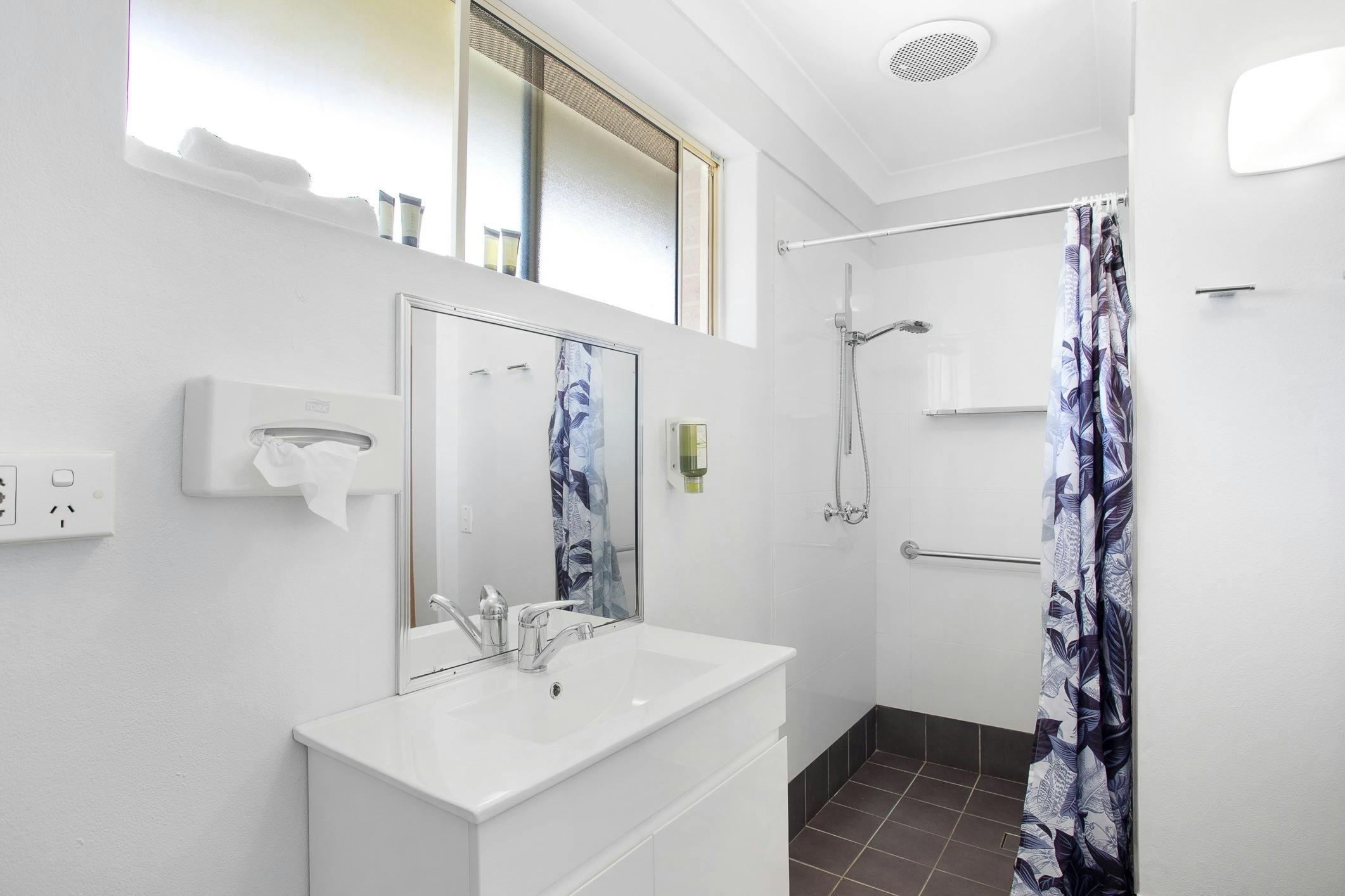 Accessible bathroom with hand held shower, shower curtain, walk in, hand rails