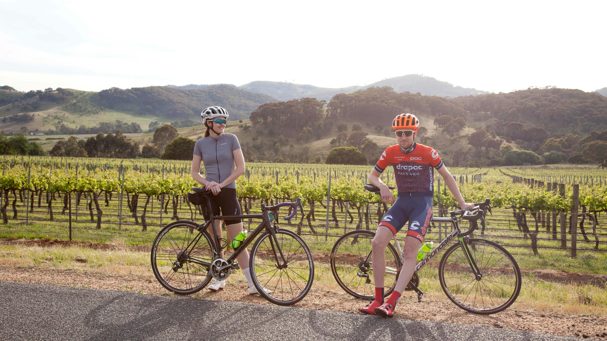 Road cyclists posing in front of grapevines, hills in the background, sunny day