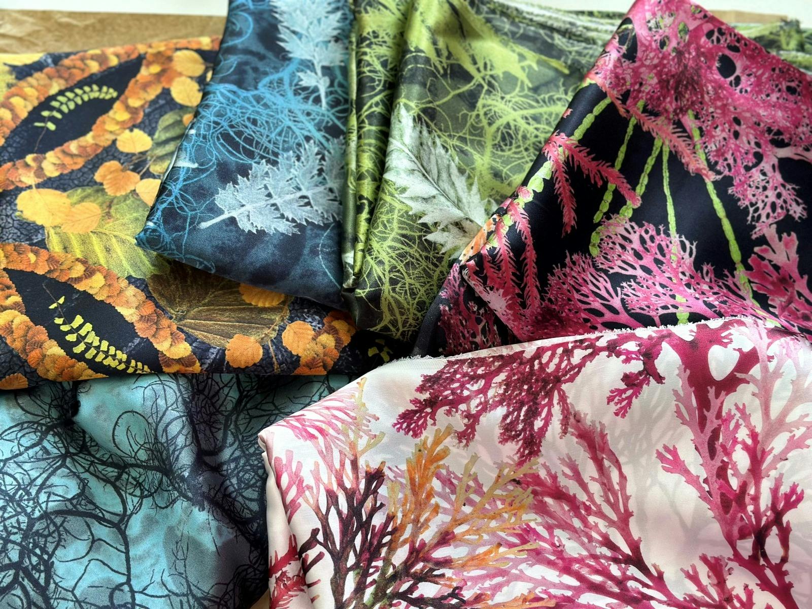 Exclusive Deborah WACE  repeat pattern silk satin fabrics available by the metre.