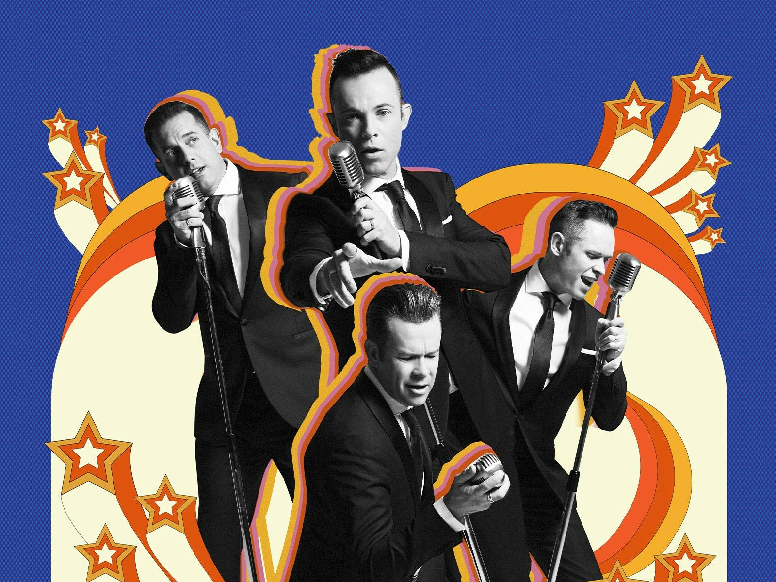 4 members of the band in black and white behind a blue screen with orange and white drawings.