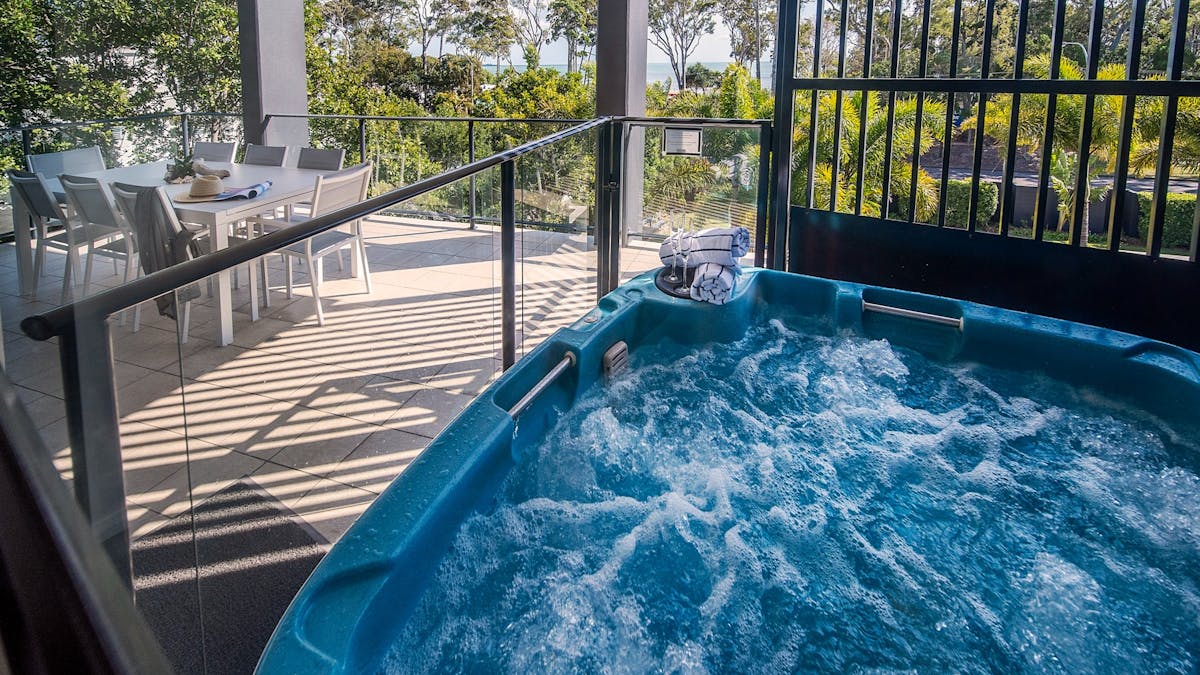 A private balcony spa available on selected apartments at The Bay Apartments Hervey Bay