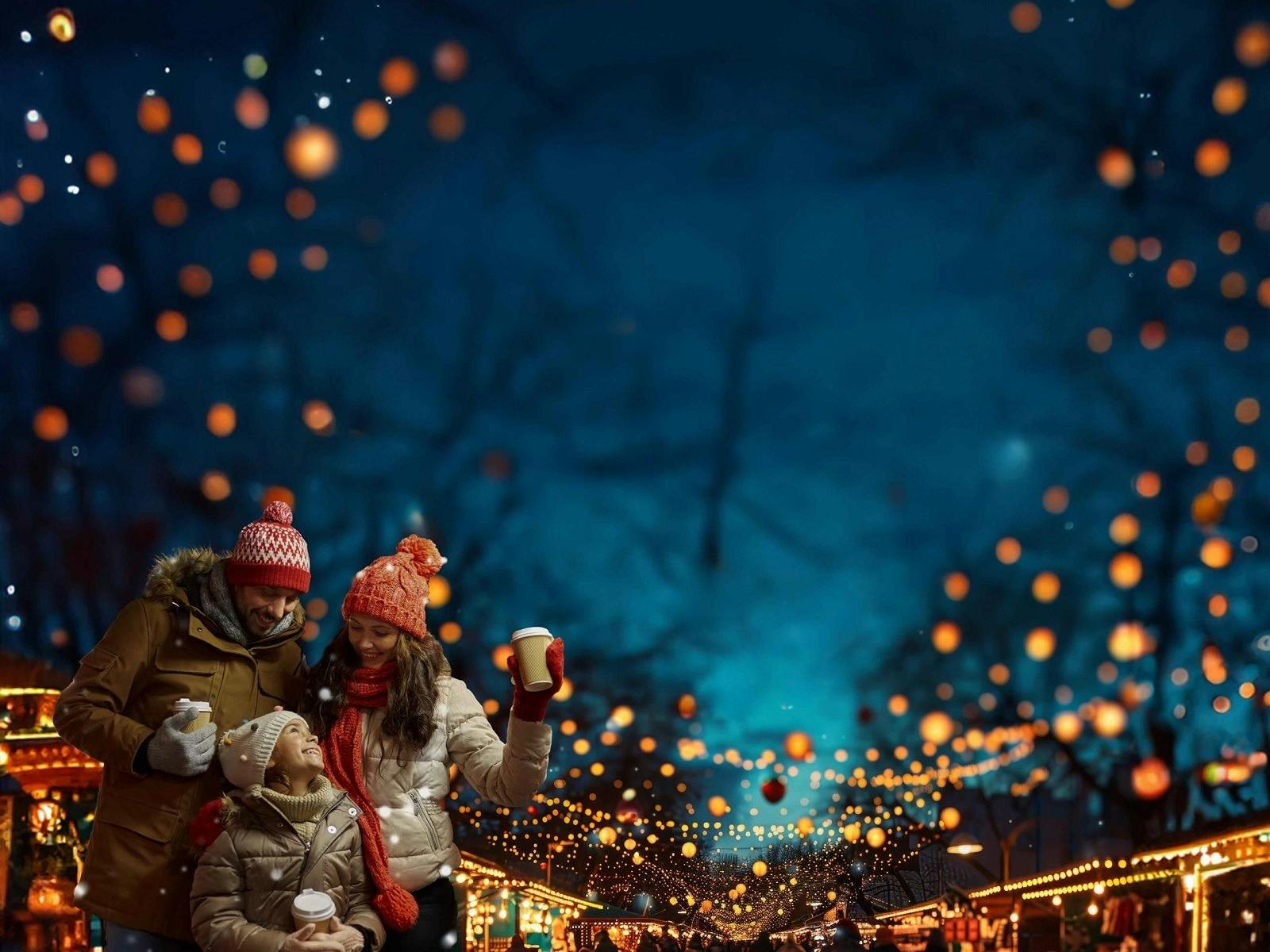 two adults and a child in jackets and beanies with stalls and fairy lights in the background