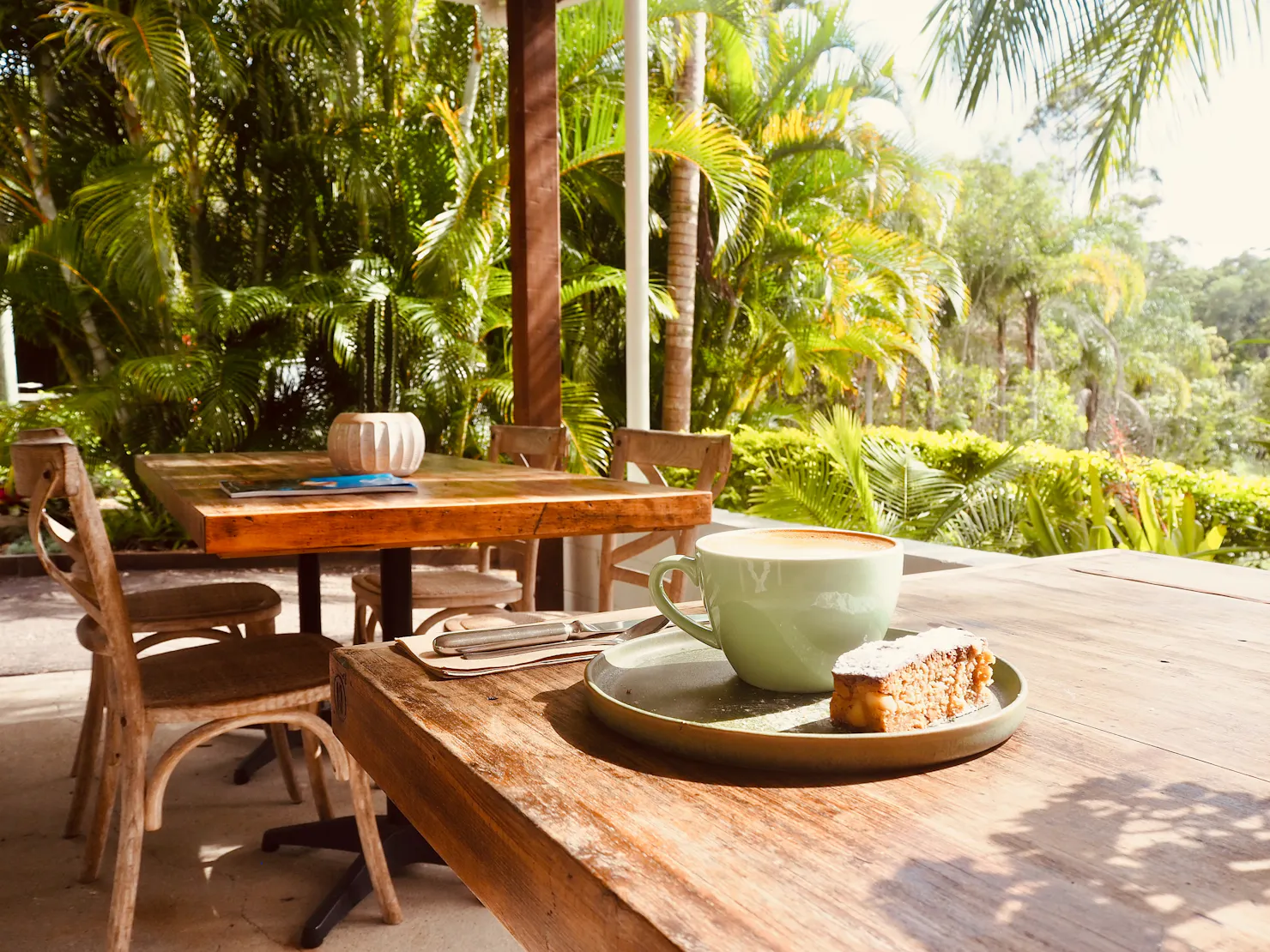 Coffee and morning tea from the cafe in the patio area at The Green at Tanawha