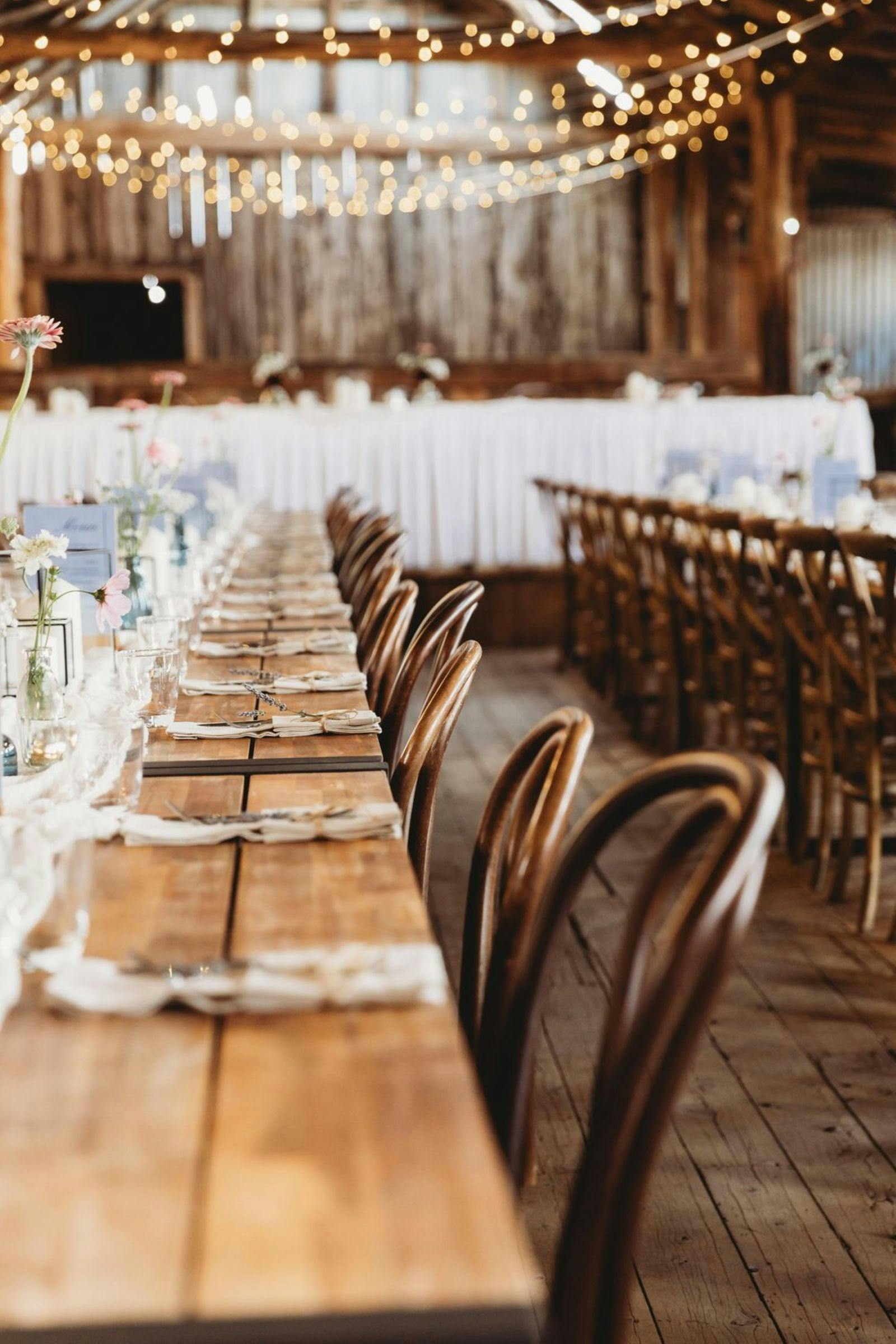 The 'Forever Shed' all decorated with tables and chairs for a high capacity for guests.