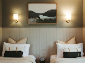 King single beds, linen duvet, Australian Wool underlays