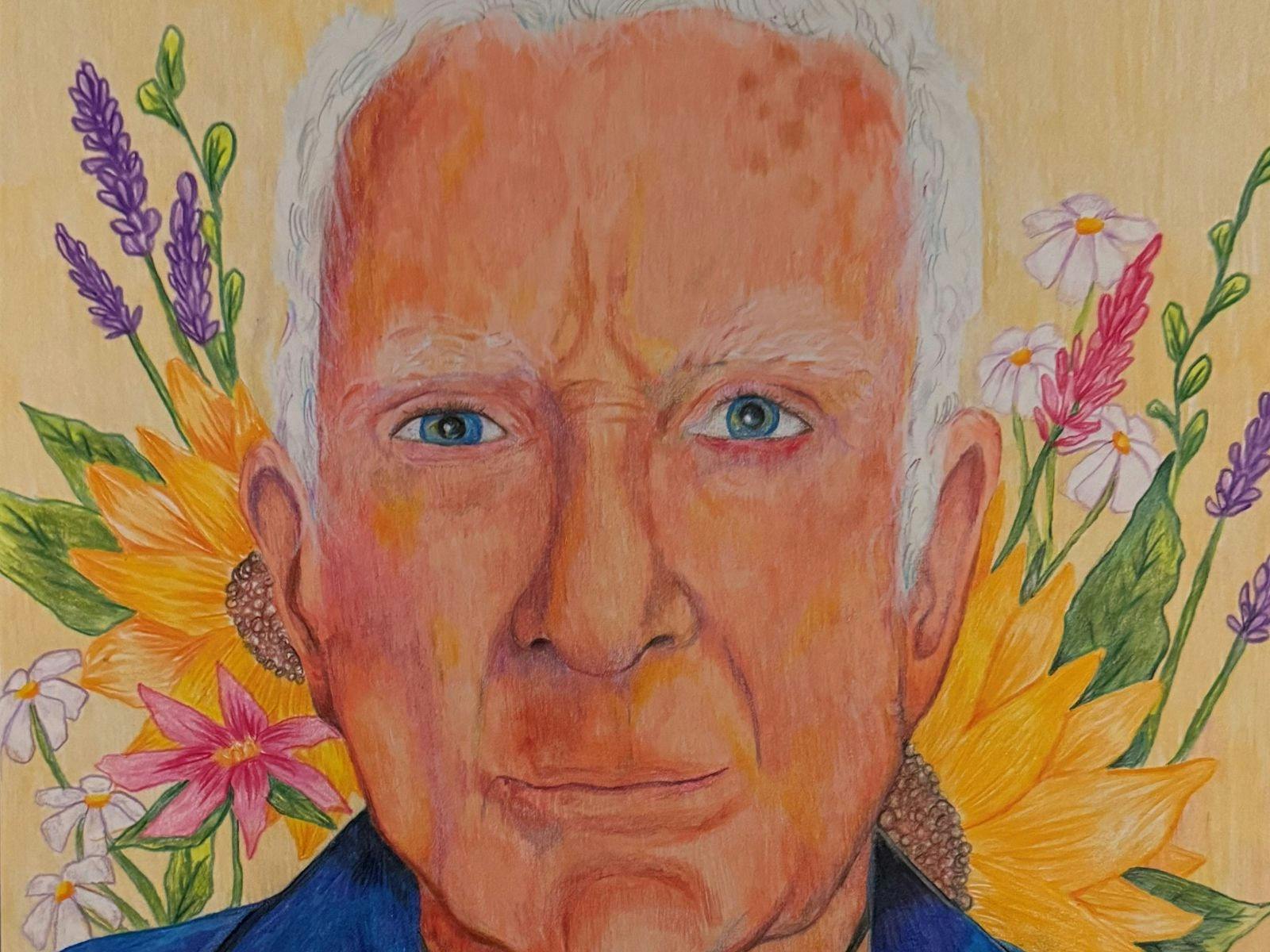 Detailed portrait surrounded by bright flowers, highlighting connection to nature and place.