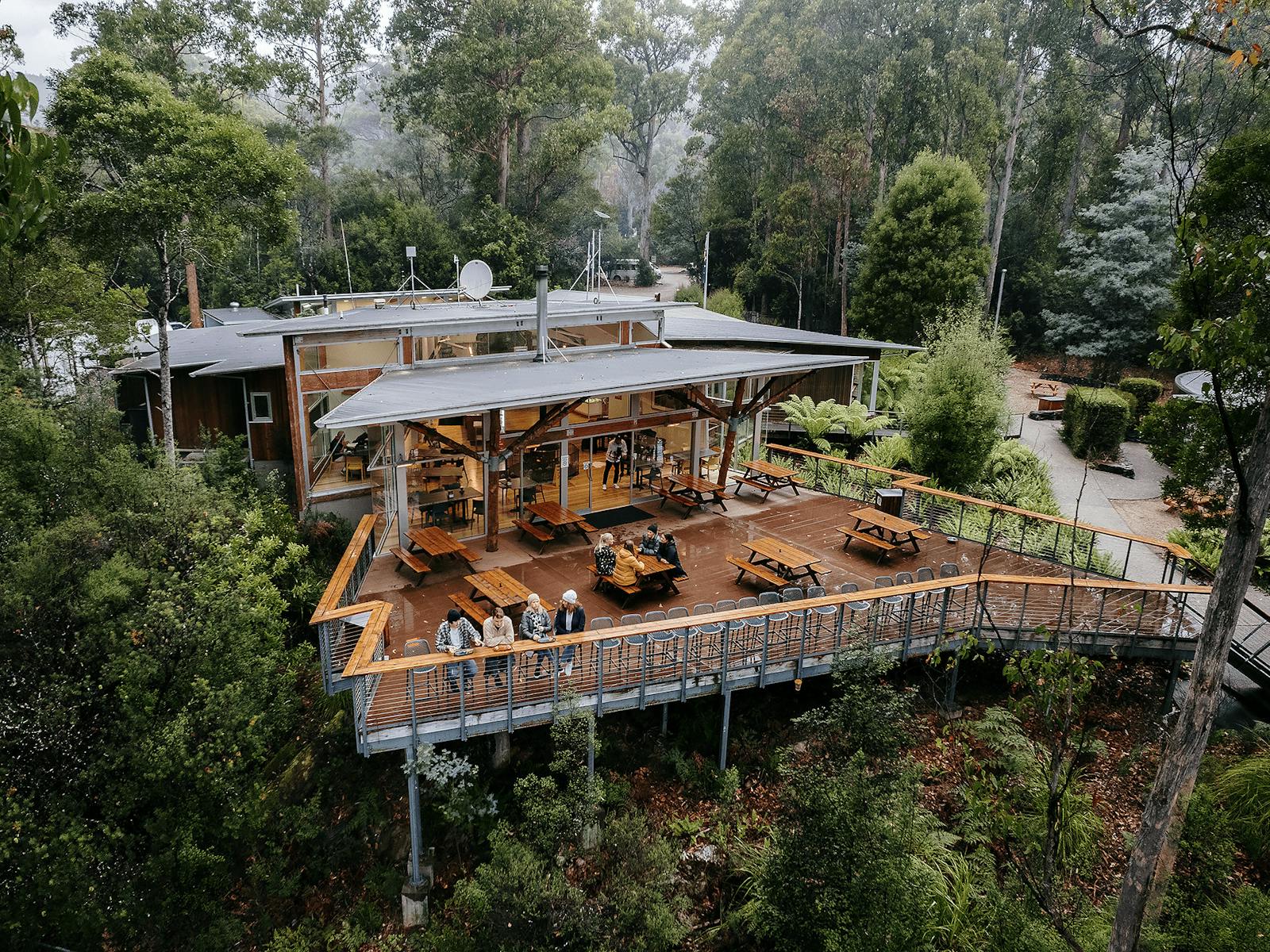 A cafe with wooden deck surrounded by forest