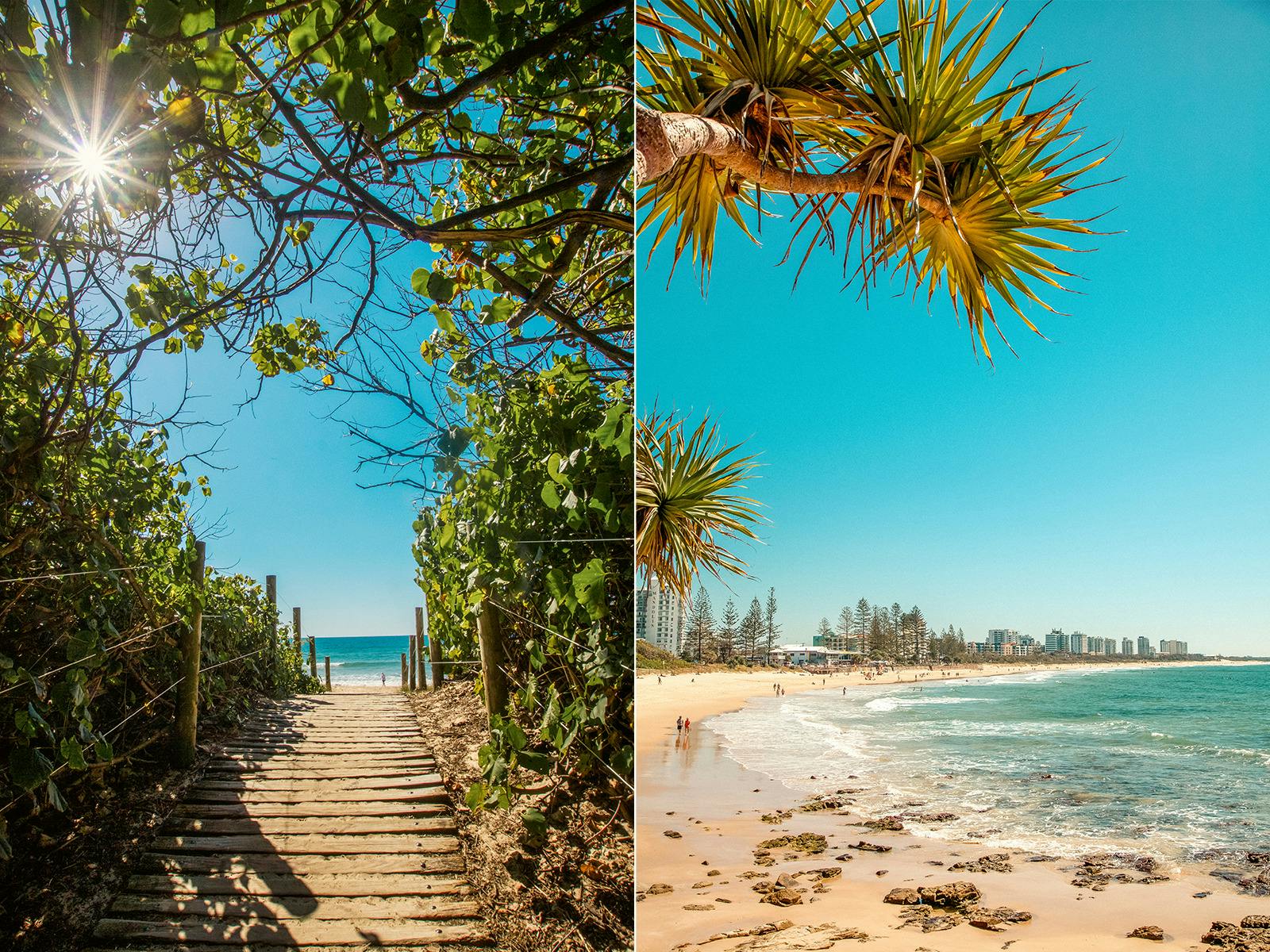 Two vistas of Alexandra Headland, one follows the walkway to the beach, the second looking north.