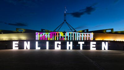 Enlighten letters displayed in front of Parliament House