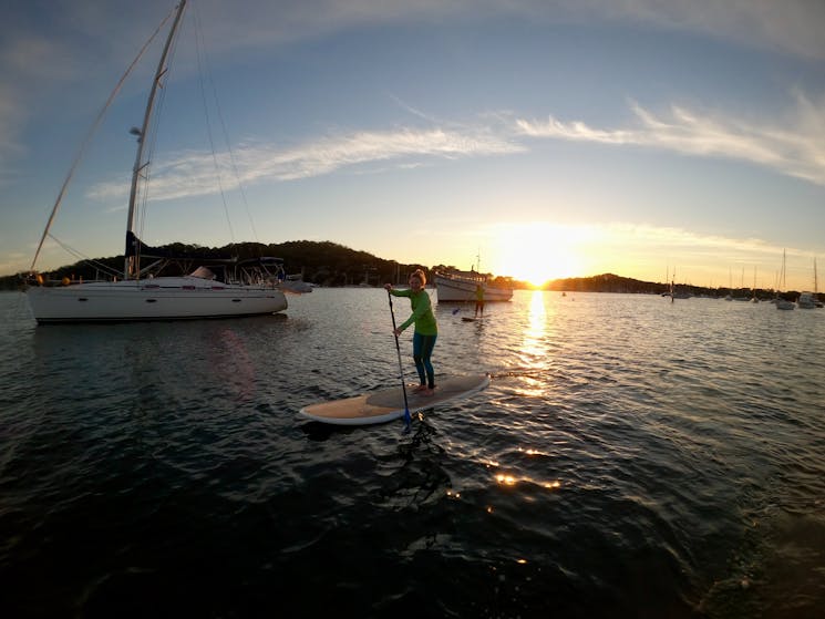 Paddle boarding at sunrise on Pittwater