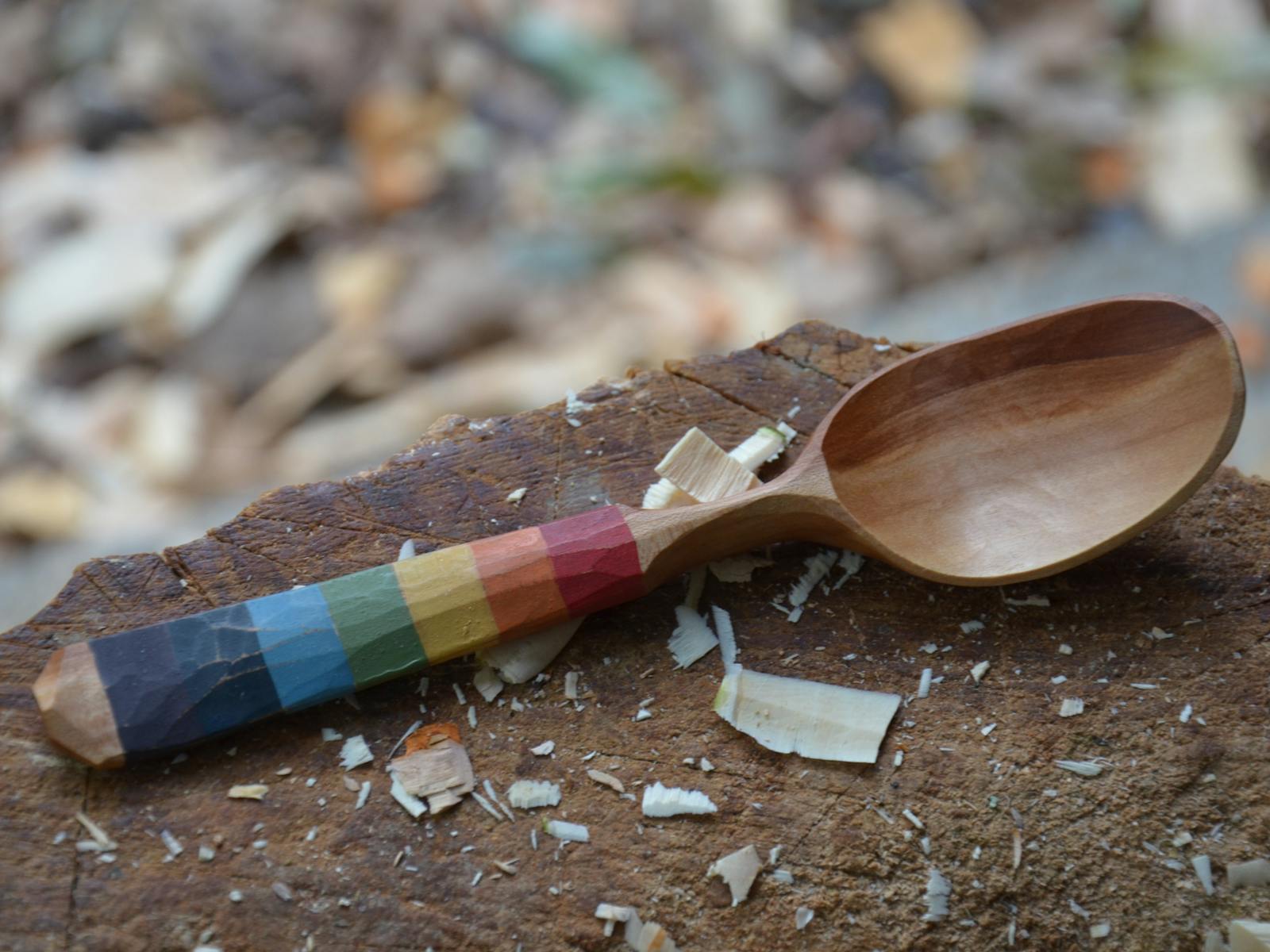 Rainbow Eating Spoon, hand carved from recycled green Tasmanian Cherry.