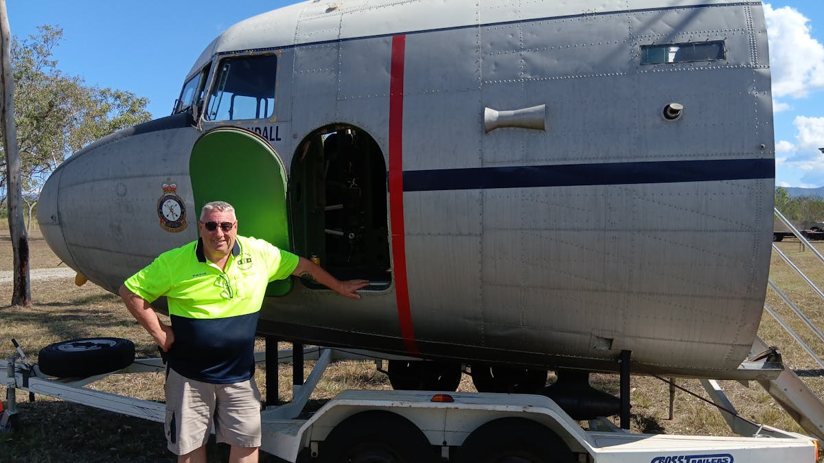 Owner Dave Campbell-McLean with his restored C-47 cockpit section