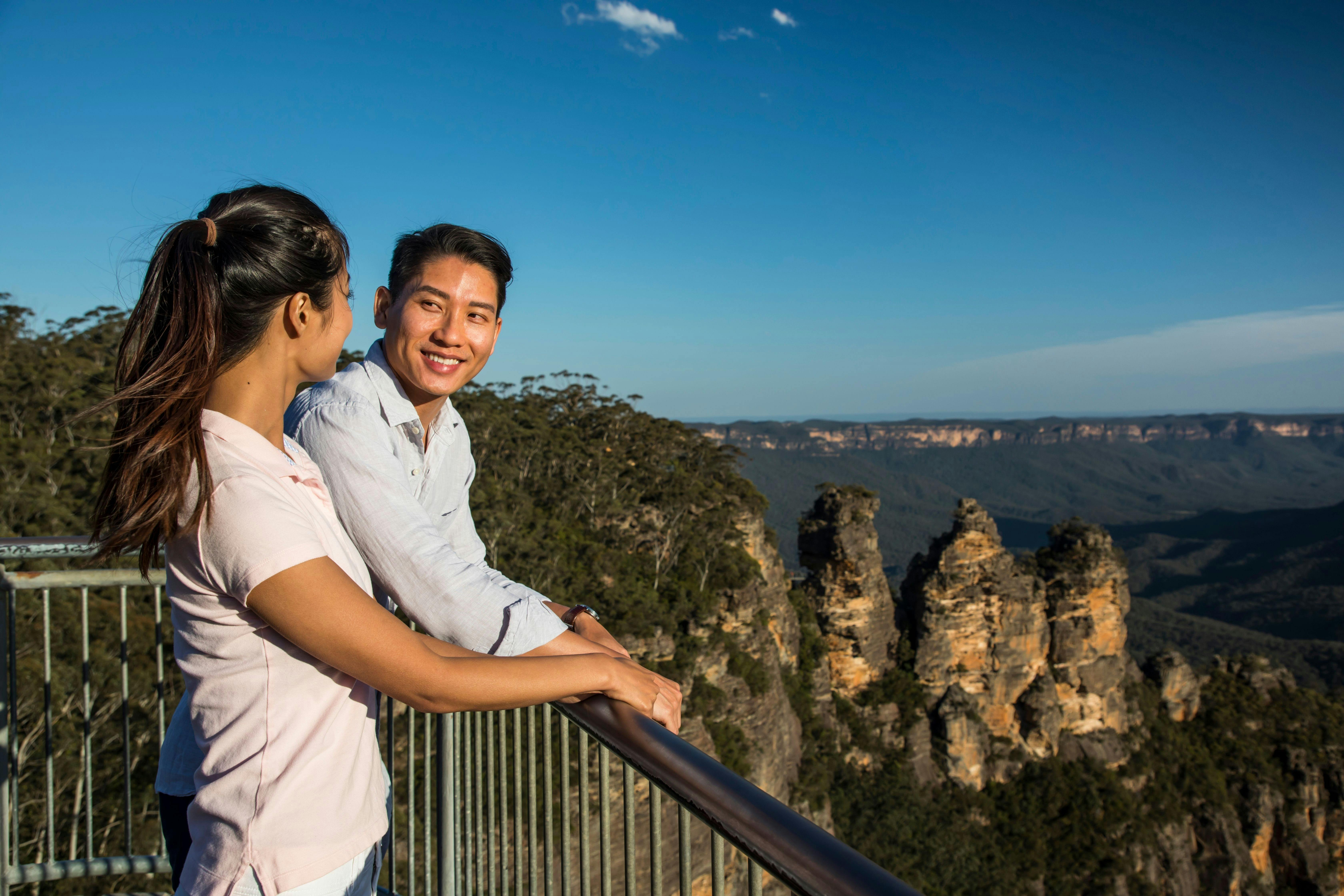 Brighton Tours guests enjoy drinking in world heritage views of the 3 Sisters, Blue Mountains