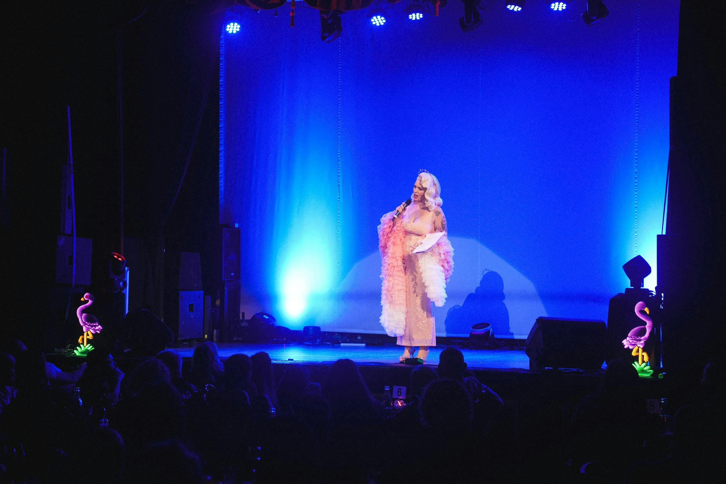 A performer wearing a pink sparkly dress is on stage talking into a microphone