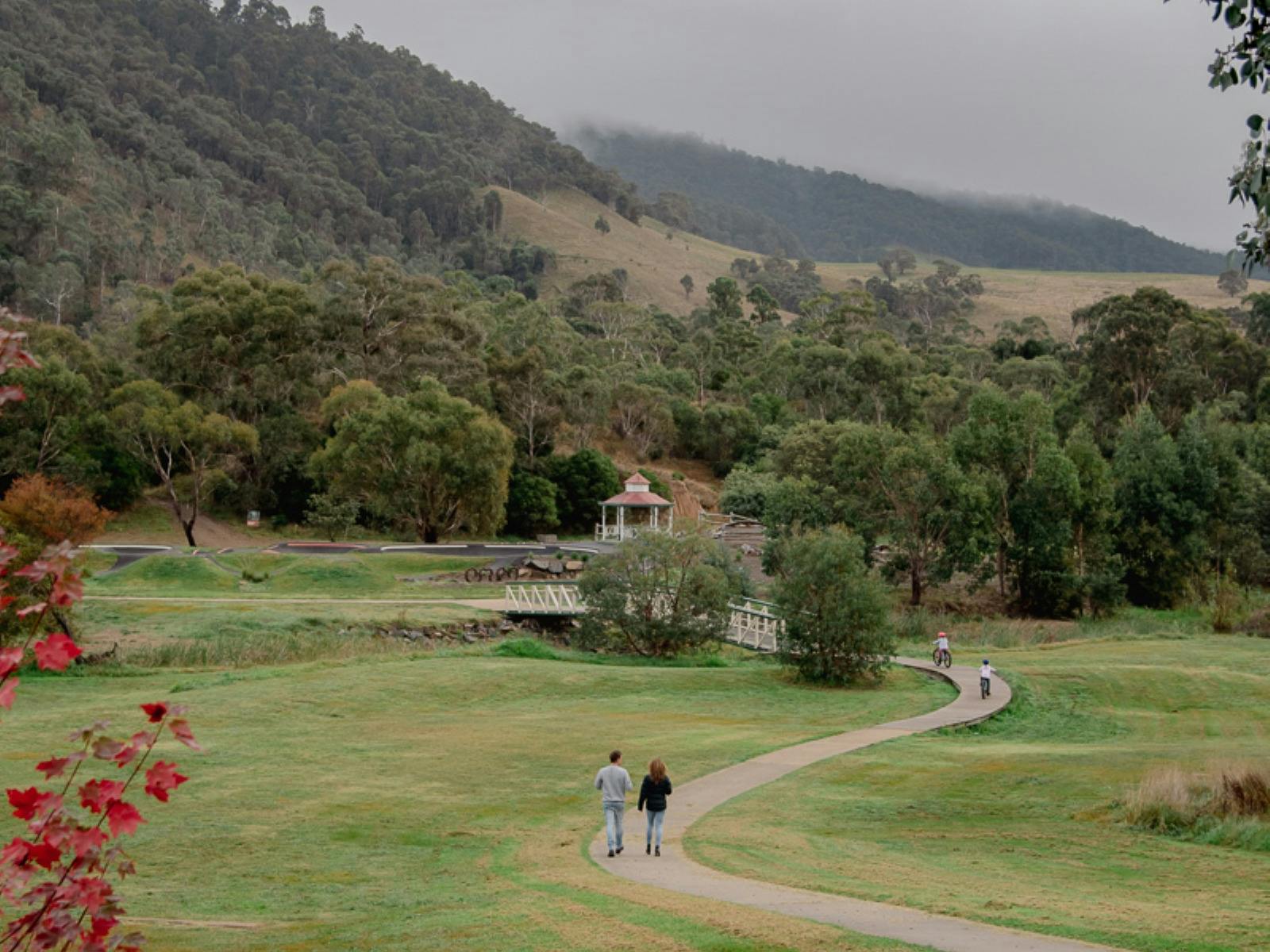 A grassy path with hills in the background