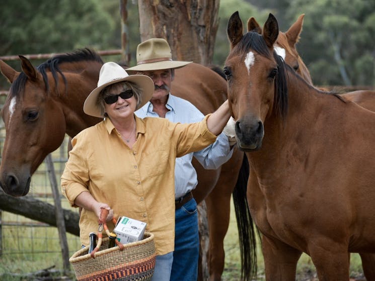Glenice & Pierre, owners of 2 Wild Souls Mead, with two horses.