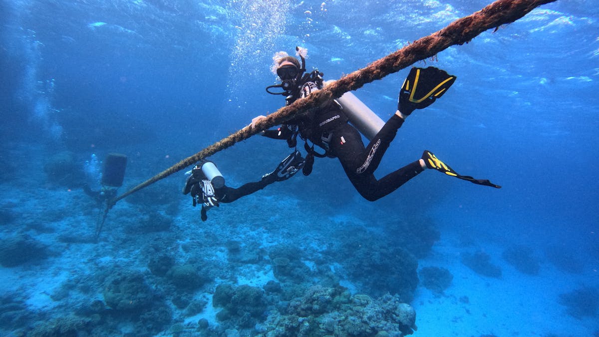 Scuba diver on the decent line at the Great Barrier Reef