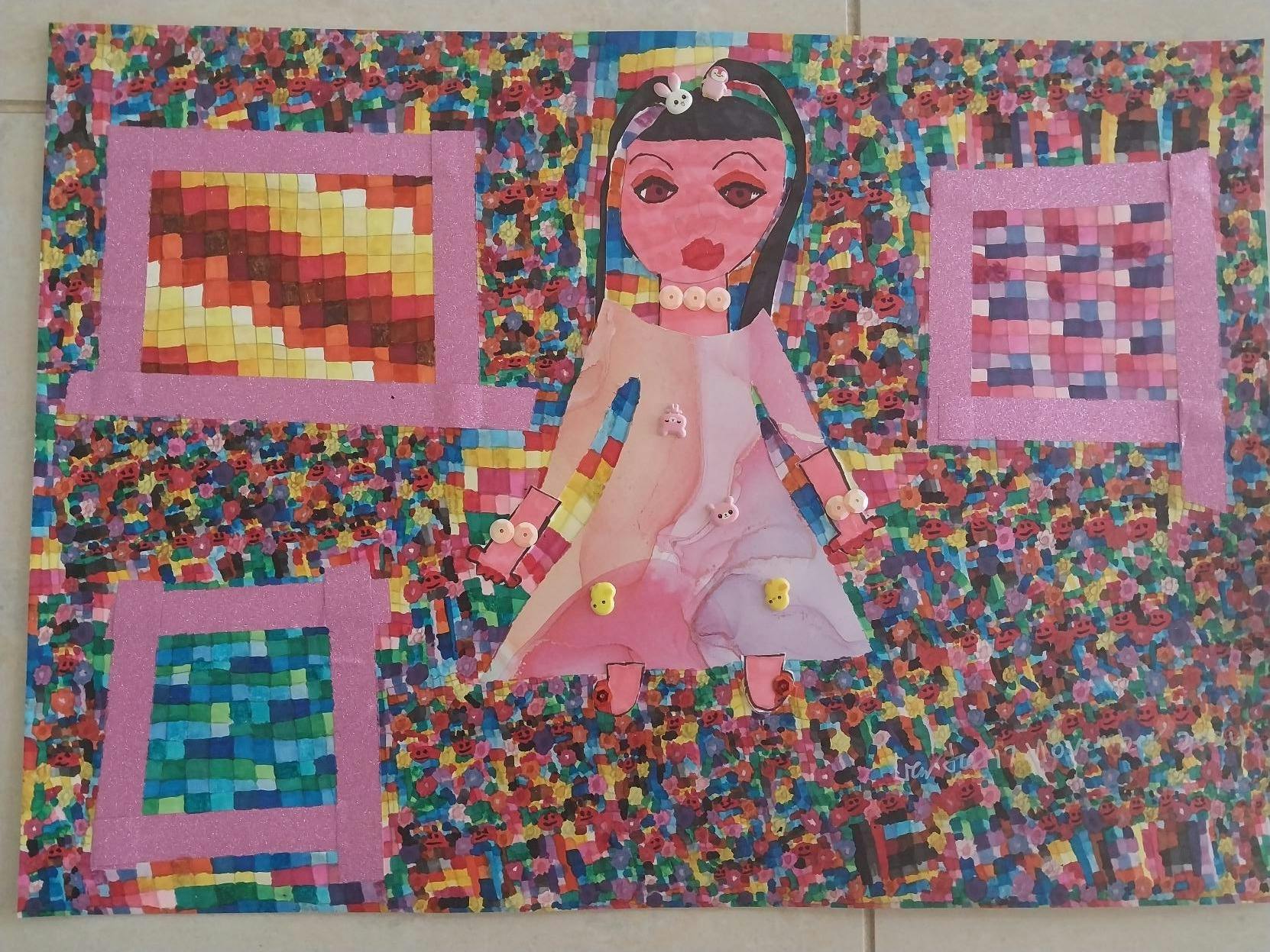 A simple drawing of a girl in a dress, on a background of millions of vibrant, contrasting squares.