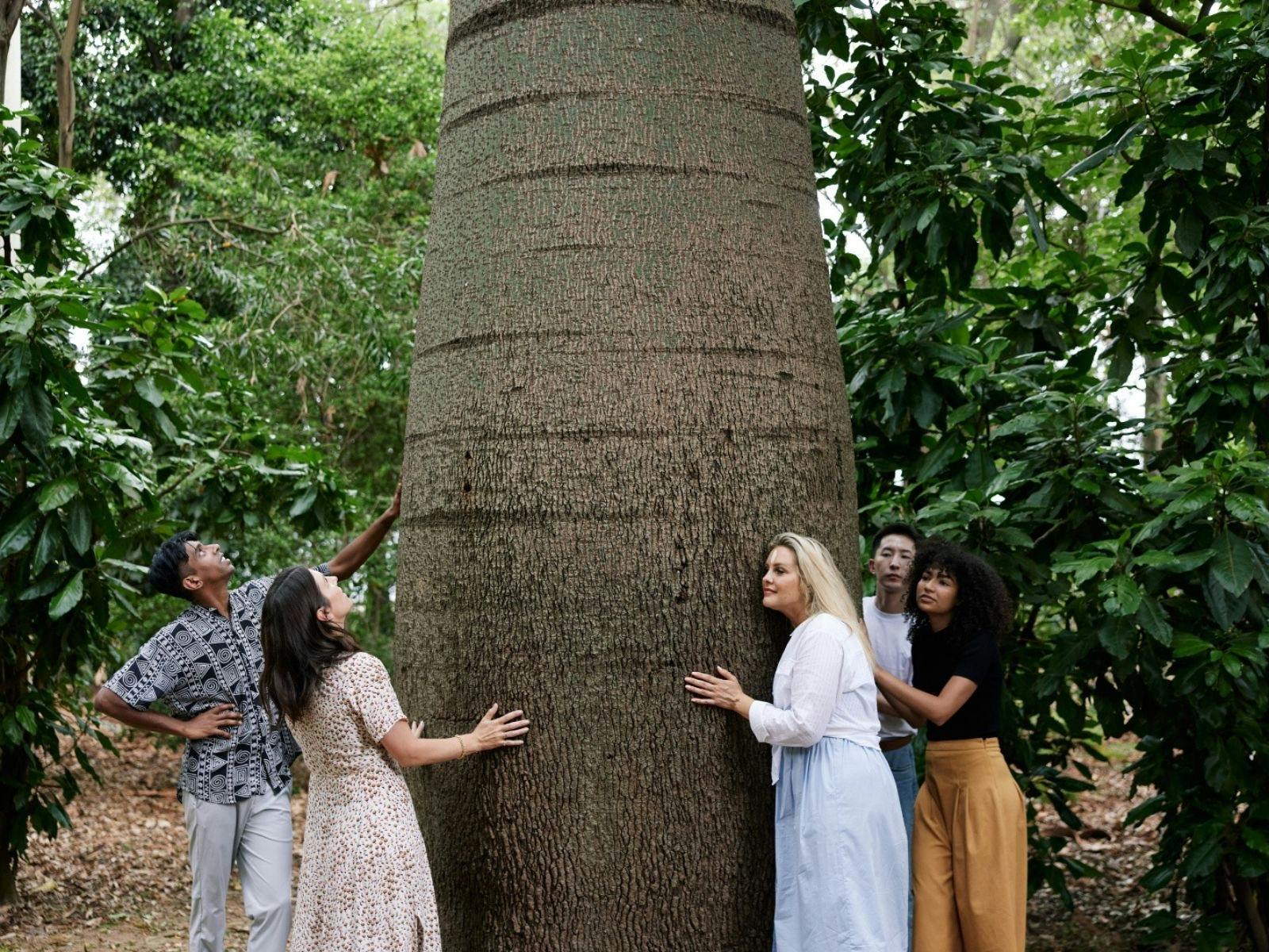 People hugging a bottle tree