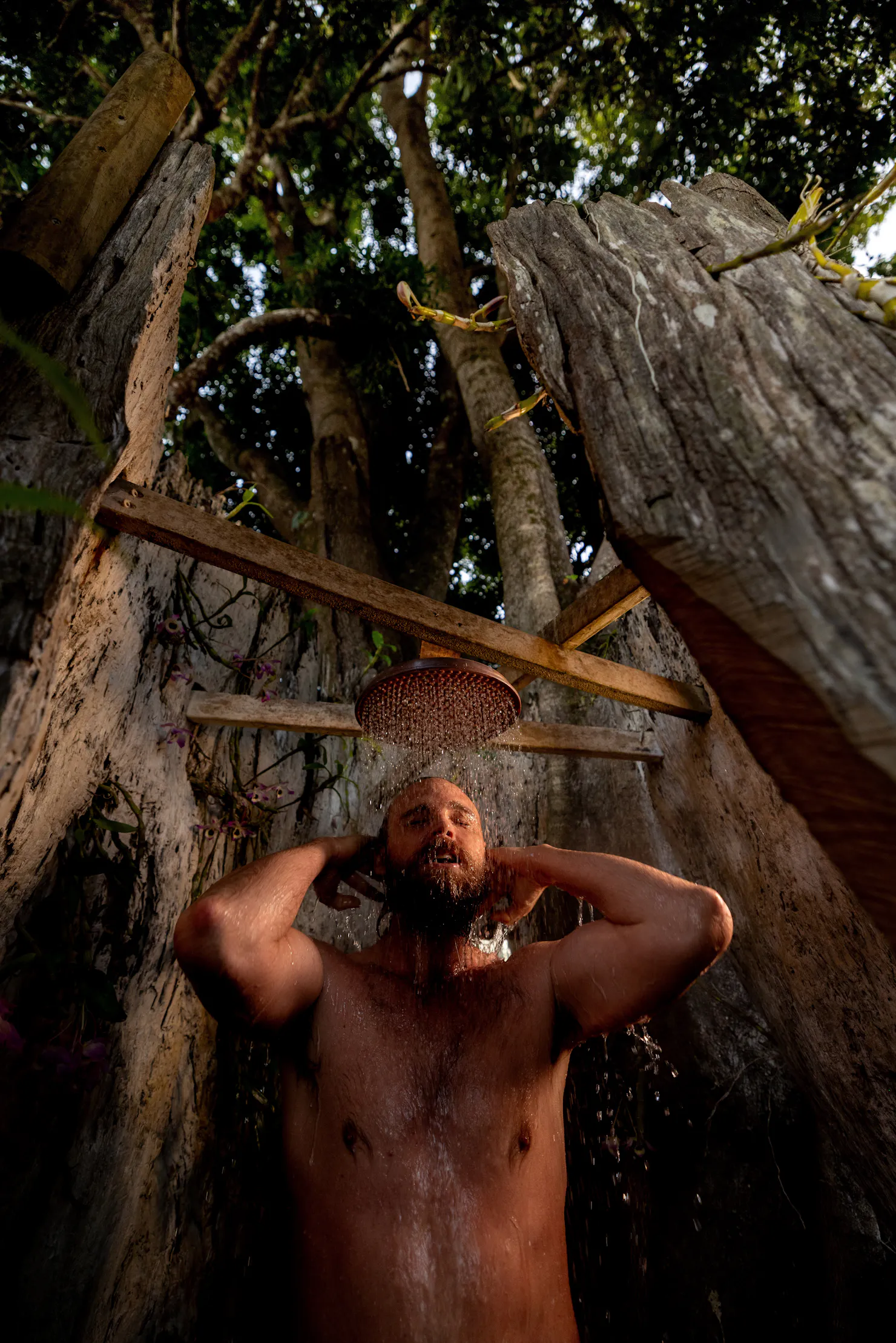 Personenjoying the outdoor tree shower amongst large tree trunks and lush gardens at Hinterlandig lo