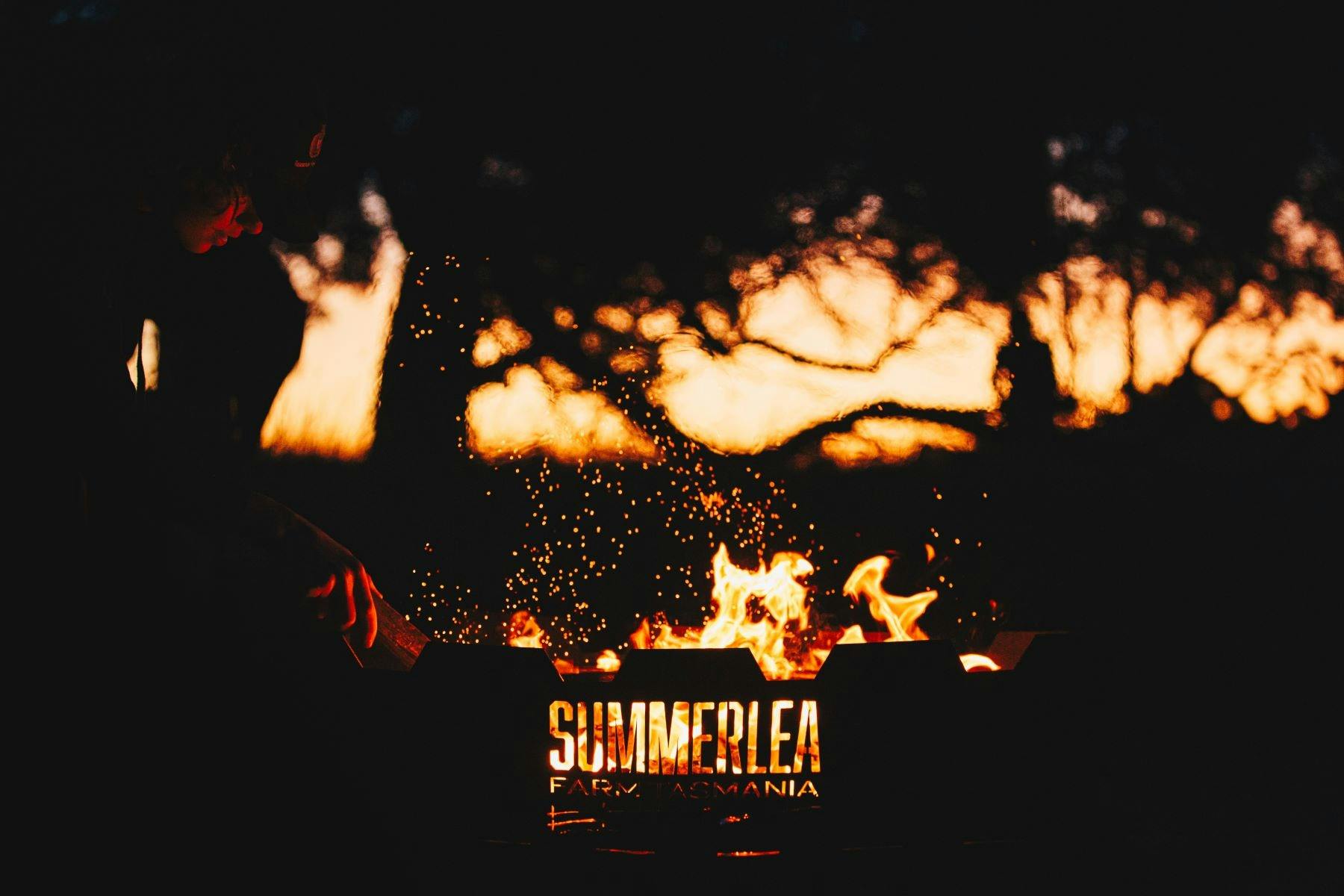 Last stages of sunset showing behind blackwood tree with firepit in foreground