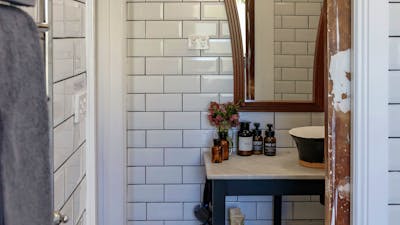 Bathroom vanity with soaps and toiletries
