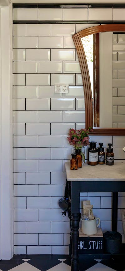 Bathroom vanity with soaps and toiletries